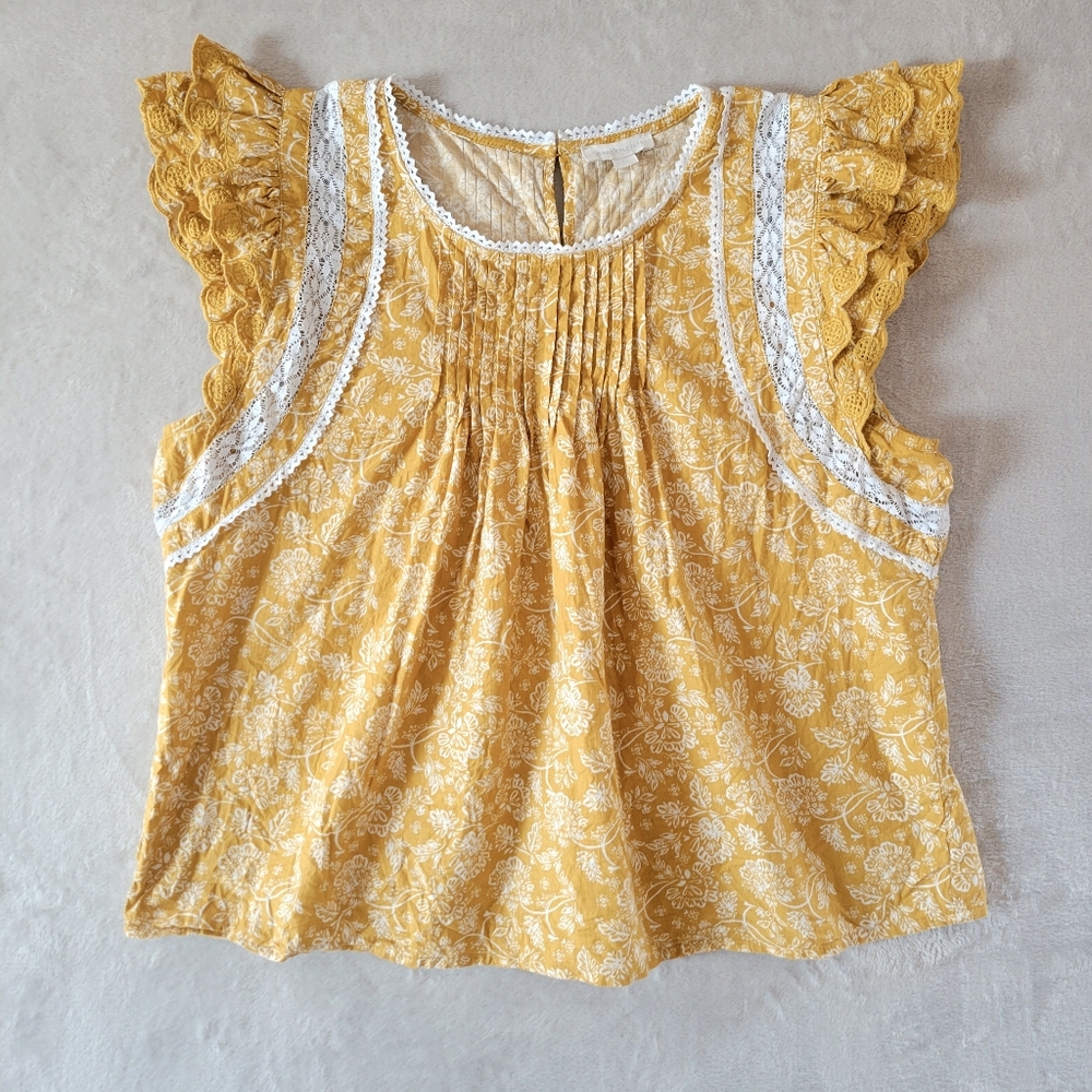 Jennifer And Grace Tiered Ruffle Floral Short Sleeve Top Large Yellow - Picture 3 of 13